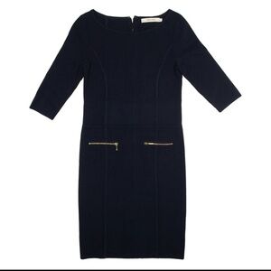 REISS Bodycon Boat Neck Knee Length Gold Detail Dress Dark Blue Sz M